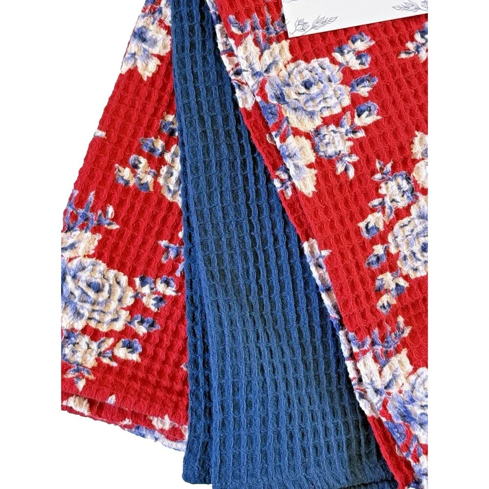 April Cornell Kitchen (3) Dish Towels Willa Rose Waffle Weave Red White Blue